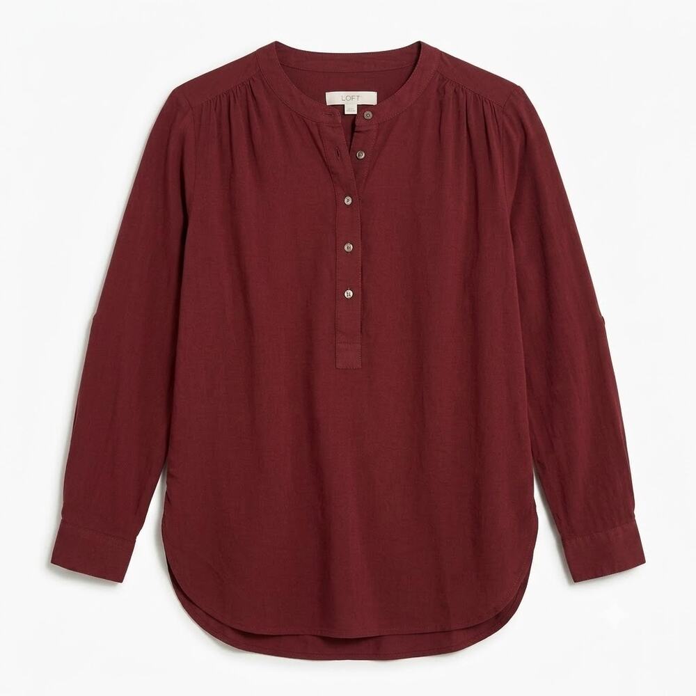 LOFT Popover Henley Top Rust Brown Long Sleeve Casual Womens Small